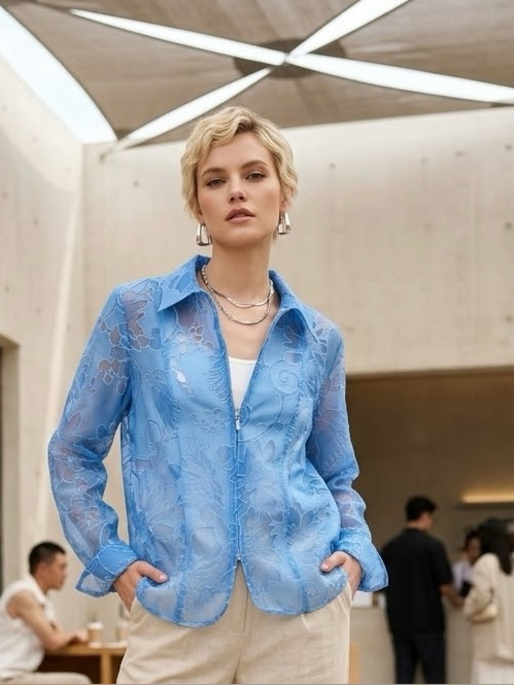 Susan Graver Light Blue Sheer Lace Button-Front Jacket